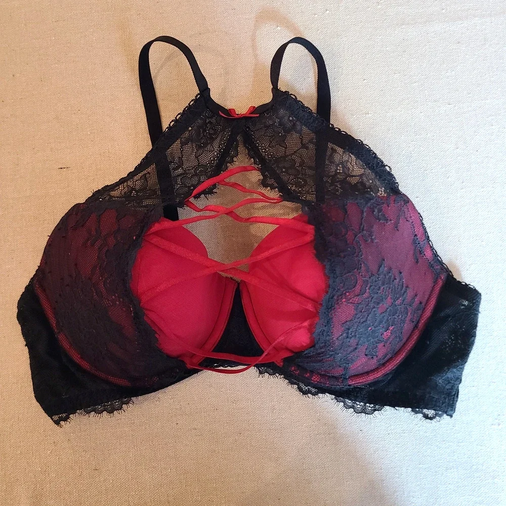Adore Me Milena Underwire Push Up Bra Red Black Lace High Neck Coquette Size 36D